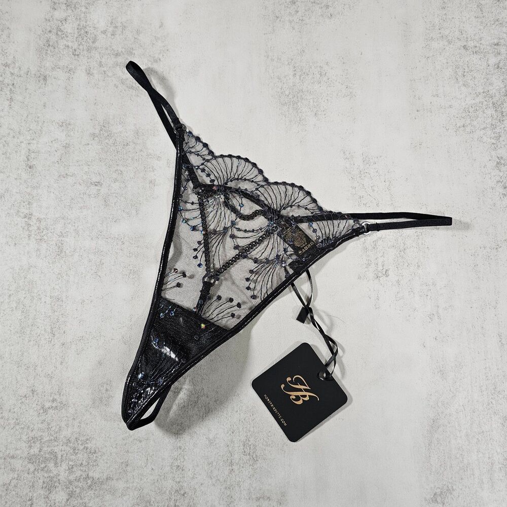 Honey Birdette Noelle Black Embroidered Iridescent Thong Size M